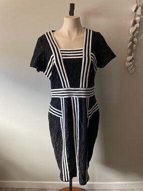 David Lawrence Lace Office Siren Sheath Dress Black White Contrast Piping Large